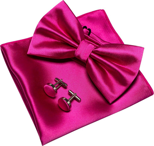Solid Color mens Pre-tied Bow Tie and Pocket Square Cufflinks Sets with Gift Box...