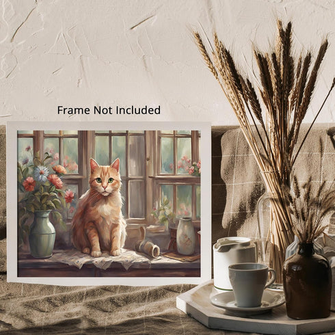 Posterizer 1 pcs- Orange cat sitting on a cupboard in fornt of the window-Art for Animal Lovers-Floral Botanical - Gift for Men Women Teens-Livin...