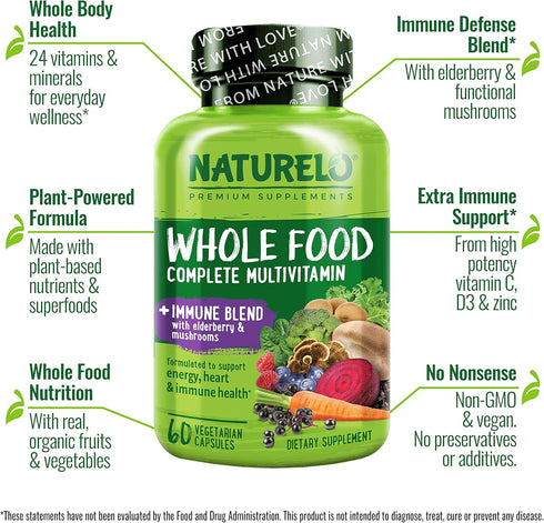 NATURELO Whole Food Multivitamin + Immune Blend with Elderberry & Mushrooms - Complete Multivitamin with Extra Immune Support - C, D3, Zinc, Elder...
