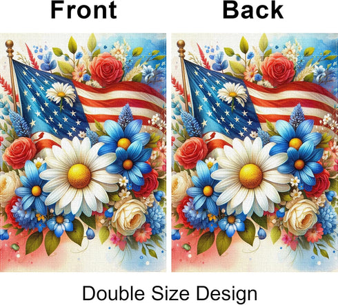Patriotic Floral Garden Flag Double Sided, Red White and Blue Burlap Yard Flag, Small 4th of July Outdoor Decor 12.5x18"...