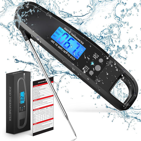 Instant Read Meat Thermometer for Kitchen Cooking, Ultra Fast Precise Waterproof Digital Food Thermometer with Backlight, Magnet and Foldable Prob...
