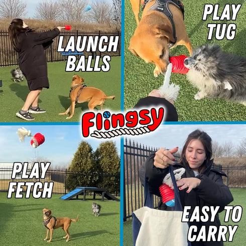 Made in USA Flingsy Dog Ball Launcher and Rope Tug Fetch Thrower Combination Throwing Toy with 100-Percent Natural Cotton Rope...