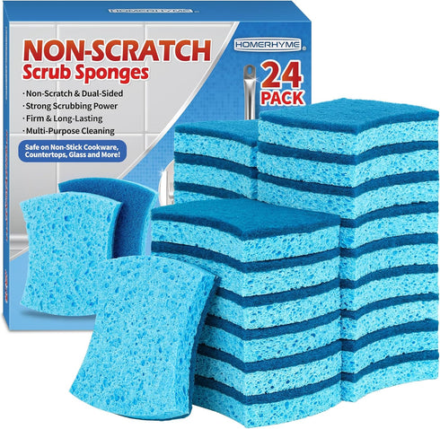 Non-Scratch Cellulose Scrub Sponges 24 Pack, Kitchen Sponge with Double-Side & Ergonomic Design. Sturdy Sponge for Dishes, Coated Cookware, Sink, ...