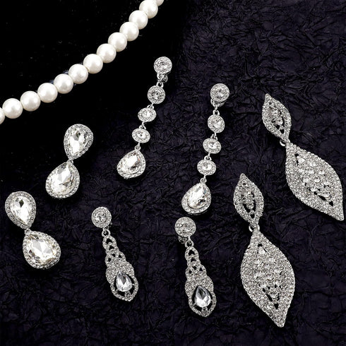 Jstyle 4 Pairs Clip on Earrings for Women Rhinestone Crystal Wedding Earrings Elegant Silver Teardrop Drop Dangle Clip on Earrings for Bride Bride...