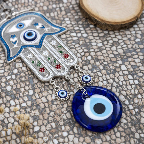 Turkish Blue Hamsa Hand of Mother Fatima Evil Eye Wall Hanging Ornament - Turkish Nazar Bead Amulet – Good Luck Charm Gift -Metal Home Protection ...