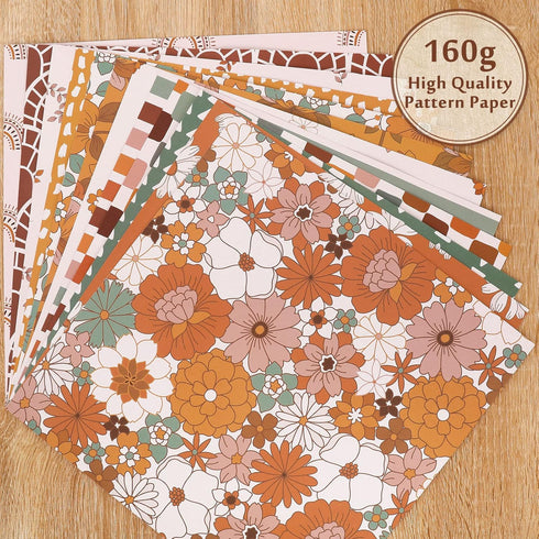 Whaline 24Pcs Floral Pattern Paper 30x30cm Retro Boho Rainbow Double-Sided Scrapbook Paper Hippie Groovy Craft Paper Folded Flat for DIY Backgroun...