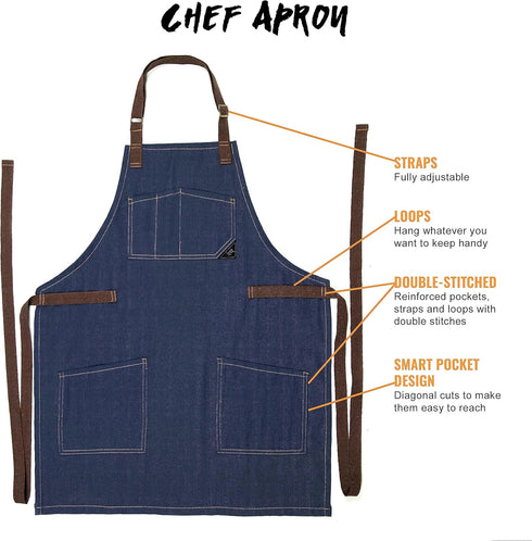 Under NY Sky Chef Apron – Professional Blue Denim – Cotton Straps - Smart Pockets - Adjustable for Men and Women – Pro Chef, Cook, Kitchen, Baker,...