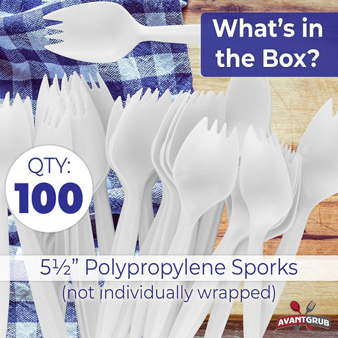 BPA-Free White Disposable Sporks 100 Pk. Recyclable, Eco-Friendly and Kid-Safe 2-in-1 Utensils Built Strong to Last Large Meals. Great for School ...