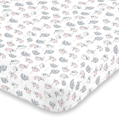 NoJo Super Soft Pink, Grey & White Sloth Fitted Crib Sheet, Pink, Grey, White...