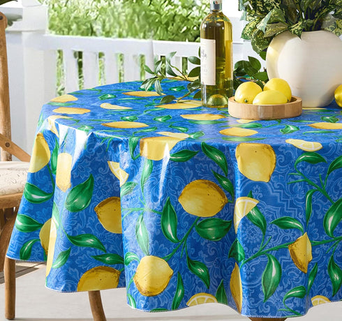 Newbridge Round Vinyl Tablecloth, 70 Inch, Mediterranean Zest Vinyl Flannel Backed Table Cloth, Lemon Print...