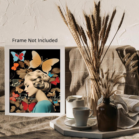 Posterizer 1 pcs-vintage woman-butterflies , music notes collage-Retro Art-Abstract & Modern Art-Gift for Art Lovers- UNFRAMED Wall Art...