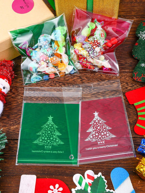 200 Pieces Christmas Treat Bags Clear Self-adhesive Candy Bags Cellophane Plastic Cookie Bags for Party Favors Christmas Decoration (Christmas Tre...