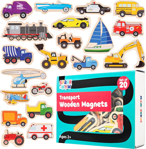 SPARK & WOW Wooden Magnets - Transport - Set of 20 - Magnets for Kids Ages 2+ - Cute Transportation Magnets for Fridges, Whiteboards and More......