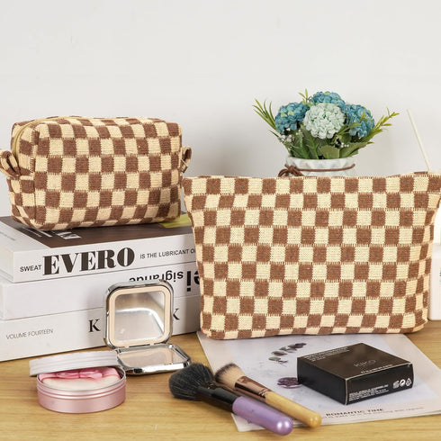 2Pcs Makeup Bag For Women - Large Checkered Knitted Cosmetic Bags&Small Makeup Pouch Aesthetic Design Travel Toiletry Bag Skincare Bag Car Storage...