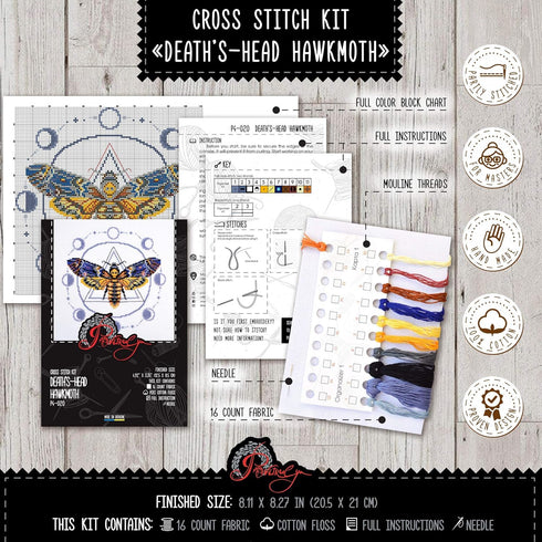 Povitrulya 'Death's-Head Hawkmoth' Embroidery Kit - Skull Moth Counted Cross Stitch Set for Adults with Pattern, Aida 14 Count Cloth and Pre-Sorte...