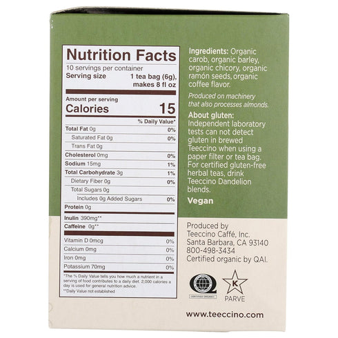 Teeccino French Roast Herbal Tea - Rich & Roasted Herbal Tea That’s Caffeine Free & Prebiotic for Natural Energy, Coffee Alternative, 10 Tea Bags...