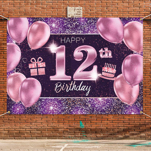 Happy 12th Birthday Banner Backdrop - 12 Birthday Party Decorations Supplies for Girl - Pink Purple Gold 4 x 6ft...