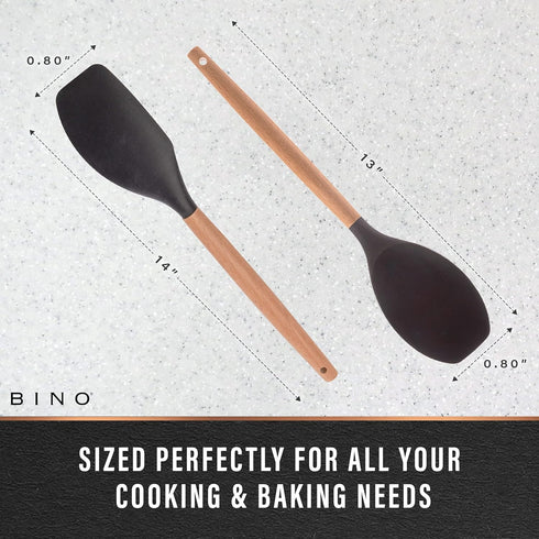 BINO 2-Piece Wooden Handle Silicone Mixing Spoons & Spatulas Set - Black | Heat Resistant Kitchen Utensils for Nonstick Cookware | BPA Free | Cook...