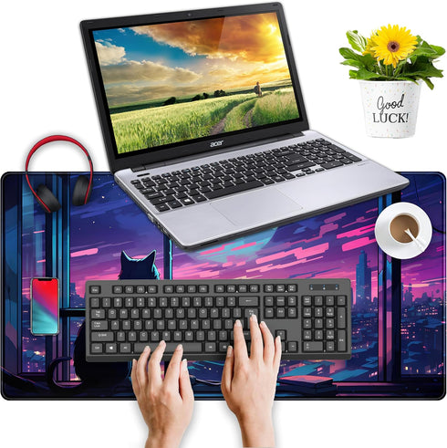 Cool Purple Kawaii Anime Moom Cat Desk Mat XXL Large Gaming Mouse Pad, Cute City Cats Desk Pad for Gamer Girl Women Office Desk Decor Mousepad, Co...