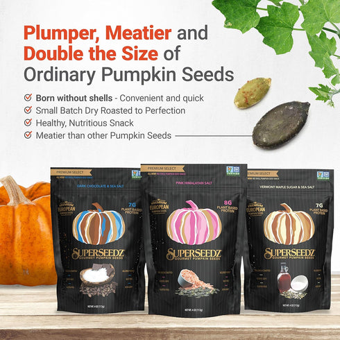 SuperSeedz Dry Roasted Pumpkin Seeds with Pink Himalayan Sea Salt - Pepitas, Whole 30, Vegan, Keto, 7g Plant Based Protein, Produced in USA, Nut F...