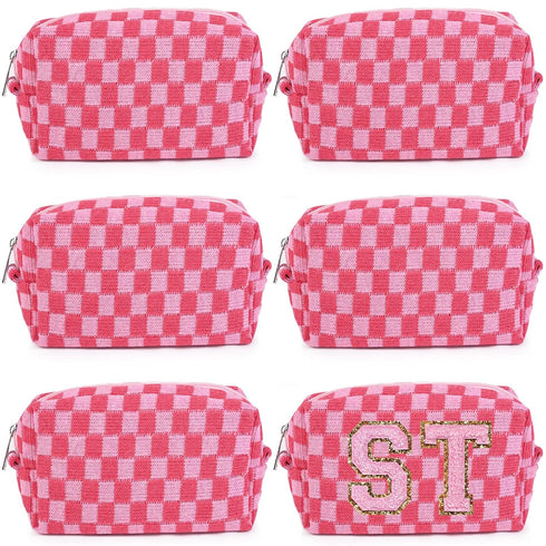6 Pcs Preppy Makeup Bag Bulk Checkered Cosmetic Bag Pink Makeup Pouch Personalize Travel Toiletry Bag Organizer Cute DIY Makeup Brushes Storage Ba...