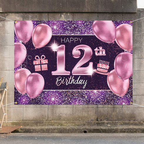 Happy 12th Birthday Banner Backdrop - 12 Birthday Party Decorations Supplies for Girl - Pink Purple Gold 4 x 6ft...