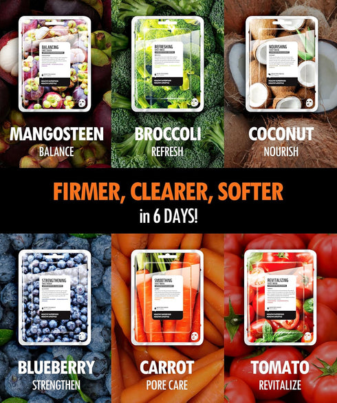 FARMSKIN Superfood Salad Sheet Mask Set of 6 | Face Mask Sheets including MangoSteen, Broccoli, Carrot, Coconut, Blueberry & Tomato | Refreshing, ...