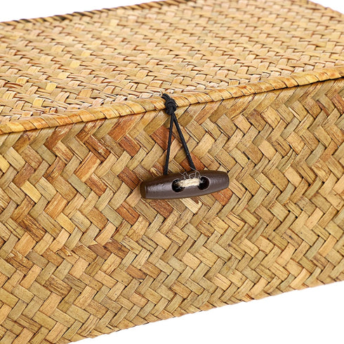 Hipiwe Wicker Shelf Baskets Bin with Lid, Handwoven Seagrass Basket Storage Bins Rectangular Household Basket Boxes for Shelf Wardrobe Home Organi...