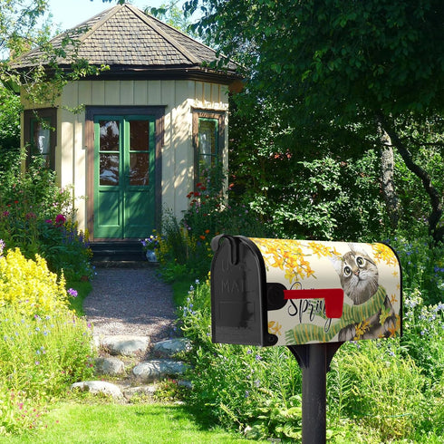 Hello Spring Mailbox Covers Magnetic Standard Size Summer Gold Flowers Cat with Scarf Waterproof Mailbox Wraps Floral Post Letter Box for Courtyar...