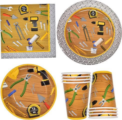 96 Pcs Handyman Tools Party Supplies Set Paper Plates Cups Napkins for Little Builder Carpentry Construction Birthday Disposable Dinnerware Serves...
