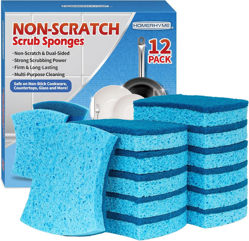 Non-Scratch Cellulose Scrub Sponges 12 Pack, Kitchen Sponge with Double-Side & Ergonomic Design. Sturdy Sponge for Dishes, Coated Cookware, Sink &...