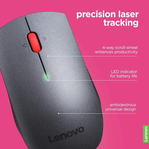 Lenovo 700 Wireless Laser Mouse, Black, 1600 dpi, 2.4 GHz wireless via USB, 4-way scroll wheel, Full-size ergonomic design, Accurate laser sensor,...