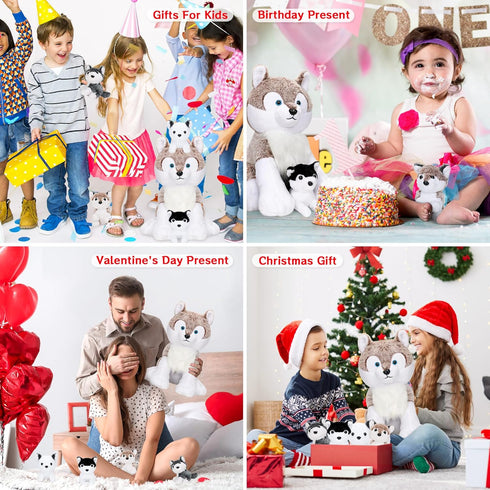 5PCS Wolf Plush Toys - 13.4 Inch Wolf Mom with Little Mini Babies Stuffed Animal Plush Huggable Cuddly Fluffly Wolf Plushie Family Set Gifts for G...