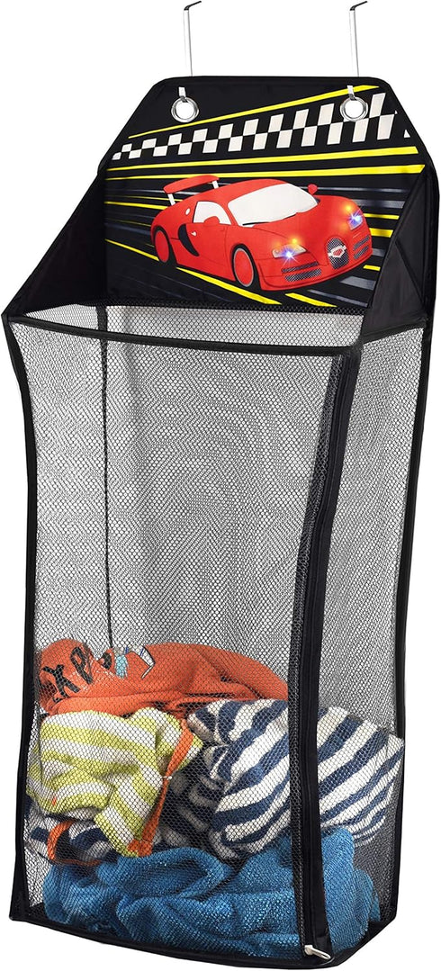Store&Score Over The Door Hanging Kids Fun LED Race Car Light-Up Collapsible Mesh Laundry Hamper, Toy Chest, Metal Hooks Included...