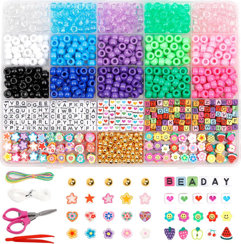 GMMA 1000 PCS Various Pony Beads Kit for Bracelet with Storage Box, Clay Flower Beads for Friendship Bracelets, Crystal Thread, Elastic String, Le...