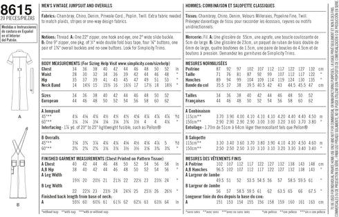 Simplicity US8615BB Men's Overalls and Jumpsuit Sewing Patterns by Mimi G Style, Sizes 44-52...