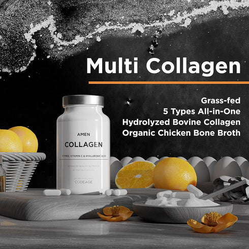 Amen Multi Collagen Peptides Capsules with Hyaluronic Acid and Vitamin C - 5 Types of Collagen Protein Type I, II, III, V, X - Grass Fed Hydrolyze...