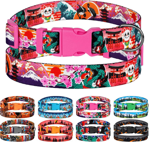 Nature Dog Collar Travel Pattern Adjustable Nylon Pet Collars for Small Medium Large Dogs Puppy Designer Print (Japan, Neck Fit 14"-18")...