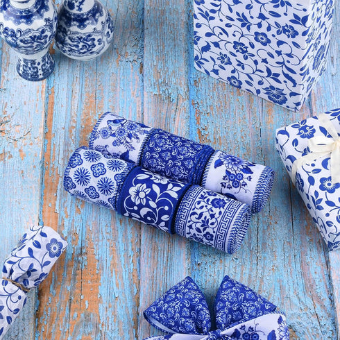 30 Yards Christmas White and Blue Wired Edge Ribbon Chinoiserie Ribbon Floral Bird Ribbon Fabric Ribbons for Crafts Wedding Wreath Bow Wrapping 2....