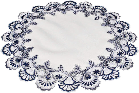 White Navy Blue Jacquard Peacock Tail Lace Doily, Placemat, Table Centerpiece, Table Topper (23 inch Round)...