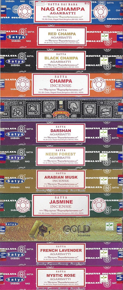 Satya Bangalore (BNG) Set of 12 Nag Champa, Red Champa, Black Champa, Champa, Super Hit, Darshan, Neem Forest, Arabian Musk, Jasmine, Gold, French...