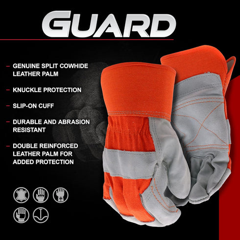 Boss Men's Guard Heavy Duty Work Gloves with Double Leather Cowhide Palm, Abrasion Resistant, High Durability, Canvas Backing, Extended Safety Cuf...