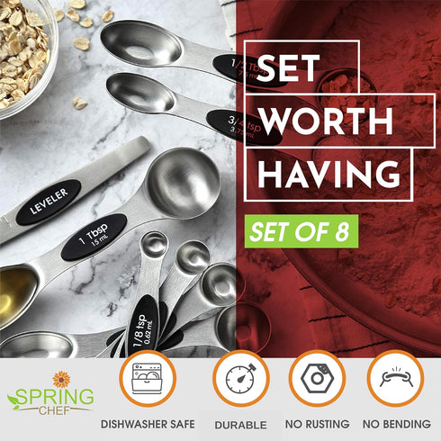 Spring Chef Stainless Steel Magnetic Measuring Spoons Set with Strong N45 Magnets, Heavy Duty Metal Kitchen Gadgets for Baking & Cooking, Fits in ...