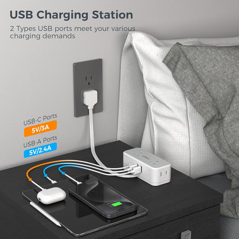 Short Extension Cord 6 inch, TESSAN Slim Flat Thin Plug Power Strip with 4 AC Outlets 3 USB (1 USB-C) Charging Ports, Small White Desk Charger, Mi...