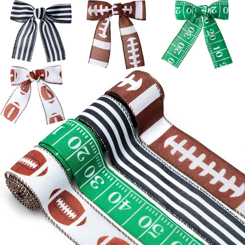 Football Wired Edge Ribbon - 4 Rolls 24 Yards Brown Green Football Burlap Ribbon for Football Game, Rugby Pastel Wired Ribbon for Bow Wreaths, Foo...