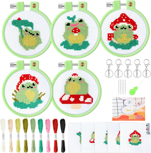 WATINC 9Pcs Mushroom Frog Embroidery Kit - DIY Keychain with Mushroom Frog Needlepoint Starter Kits for kids, Stamped Cross Stitch Craft Supplies ...