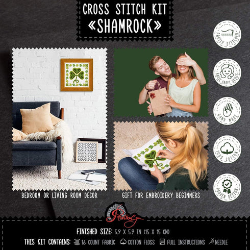 Irish Cross Stitch Kit 'Shamrock' - Symbol of Ireland Clover Embroidery - DIY Handmade Gift...