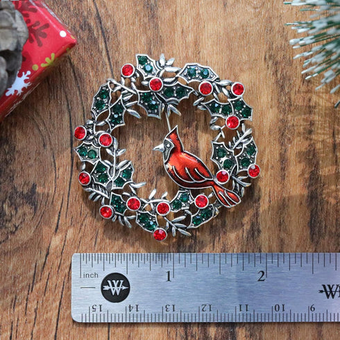 Cardinal on Wreath Pin Red Bird with Crystal Flower Green Leaf Christmas Brooches for Women Gifts Holiday Party Decorations with Message Card & Bo...