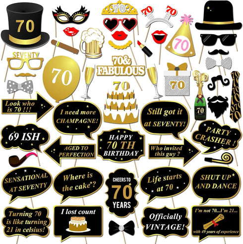 70th Birthday Party Photo Booth Props with Stick (50Counts) for Her Him Funny Chic 70th Birthday Black and Gold Decorations, Konsait 70 Happy Birt...