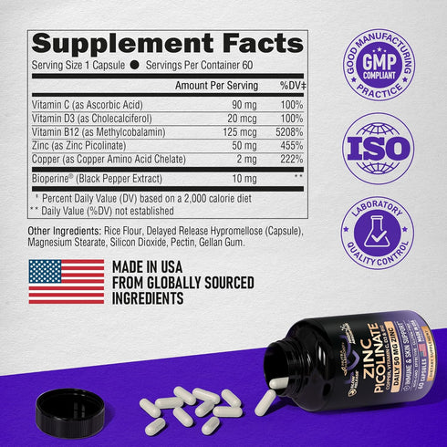 Zing Picolinate 50mg - Zinc Supplement with Copper, Vitamin D3 & B6 - Stomach Friendly | Slow Release Zinc - Immune Support & Skin Health - High A...